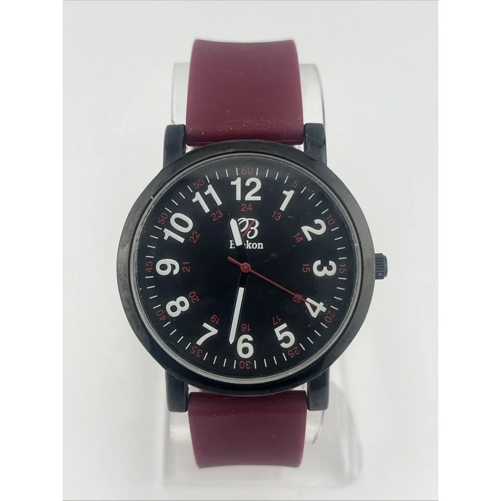 Blekon Watch Men 38mm Black‎ Case Maroon Silicone Band- New Battery